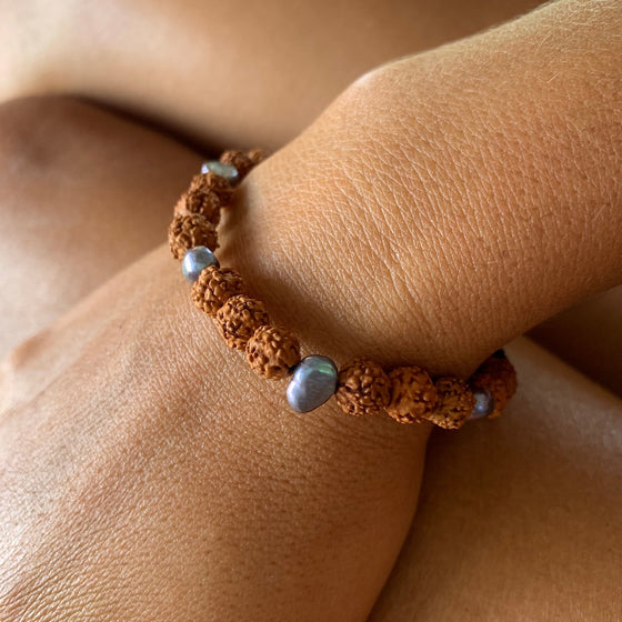 Wrist Mala Beads yoga bracelet, Silver Pearls, Rudraksha