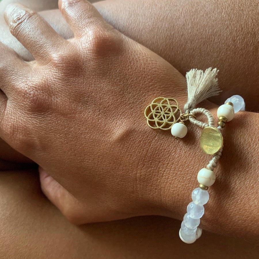 Boho Yoga Mala Bracelet, Howlite, Pearl, White Agate, brass Seed Of Life sacred geometry charm