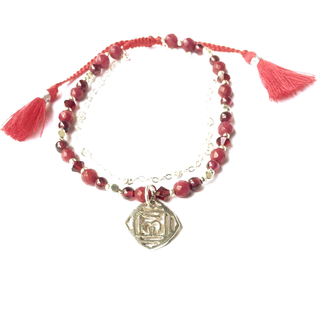 Root Chakra Symbol Gemstone Yoga Bracelet Silver Chain