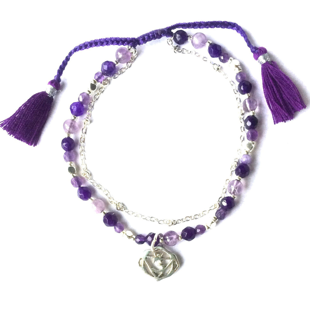 Third Eye Chakra Symbol Gemstone Yoga Bracelet Silver Chain