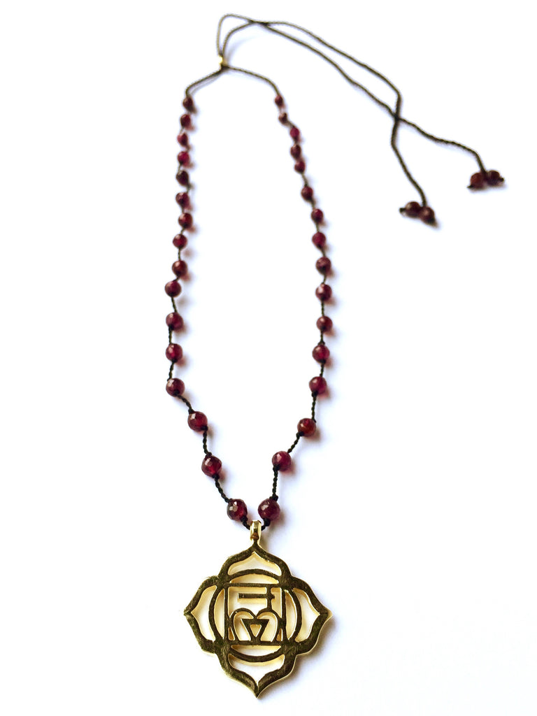 Root Chakra Symbol Brass Yoga Necklace Garnet Healing Gemstones Chakra Jewellery