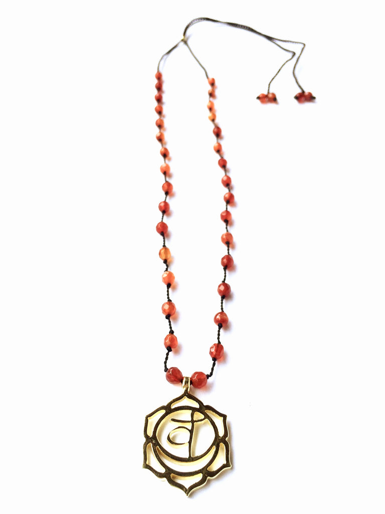 Sacral Kundalini Chakra Symbol Brass Pendant Carnelian Agate Yoga Necklace 
