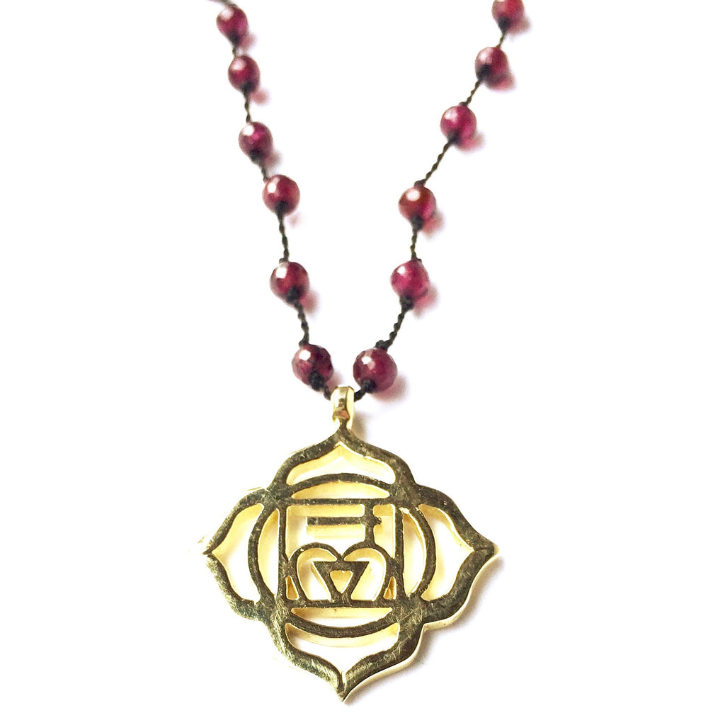 Chakra Jewellery Root Chakra Symbol Brass Yoga Necklace Garnet Healing Gemstones