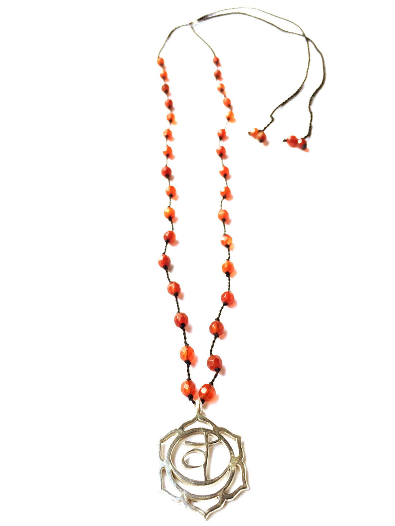 Sacral Kundalini Chakra Symbol Silver Pendant Carnelian Agate Yoga Necklace 