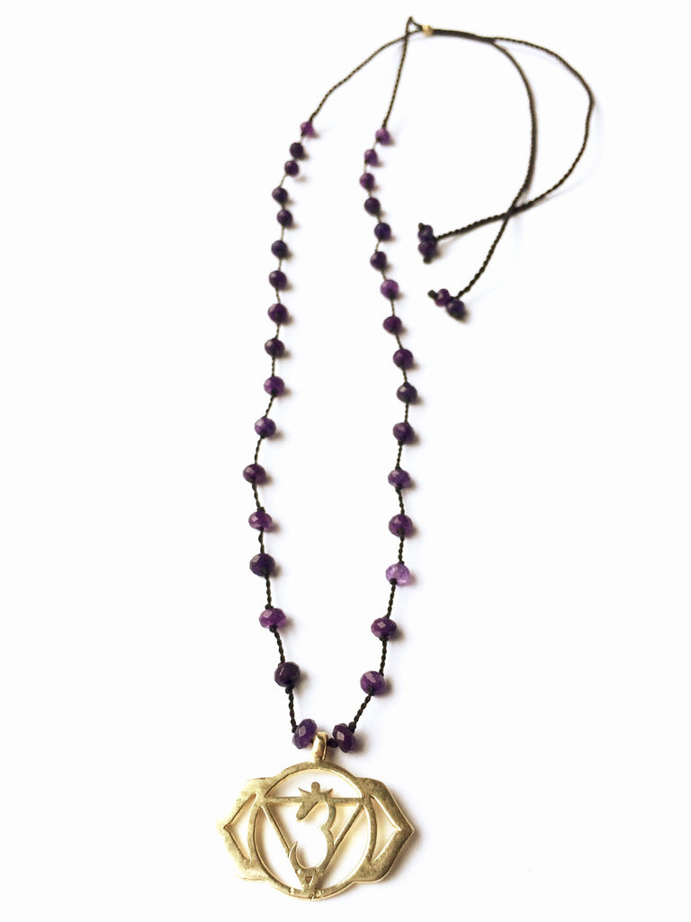 Third Eye Chakra Symbol Brass Yoga Necklace Amethyst Healing Gemstones Jewellery