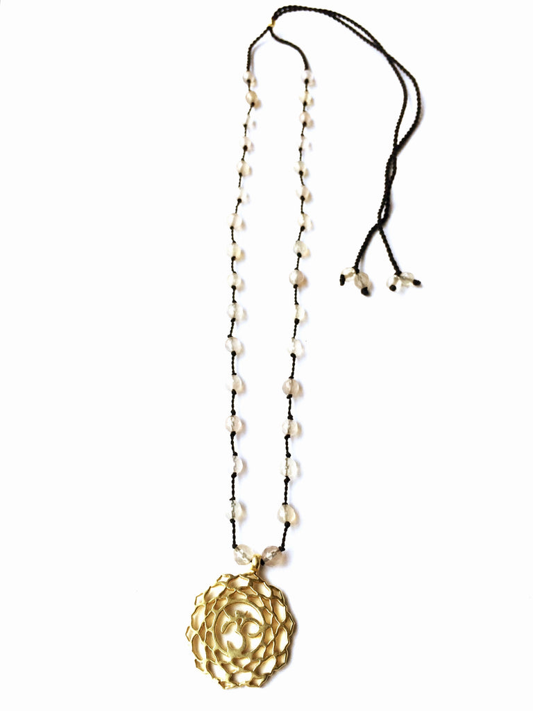 Crown Chakra Symbol Brass Yoga Necklace Clear Quartz Healing Jewellery