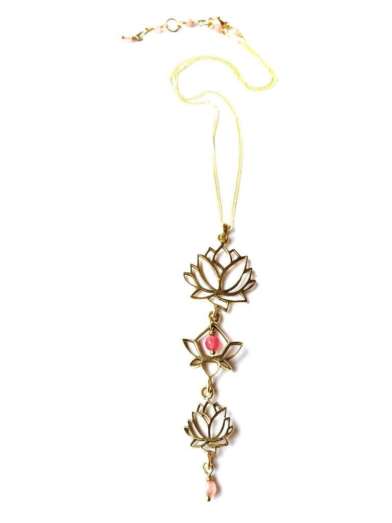 Triple Lotus Linked Brass Yoga Necklace with heart healing gemstones