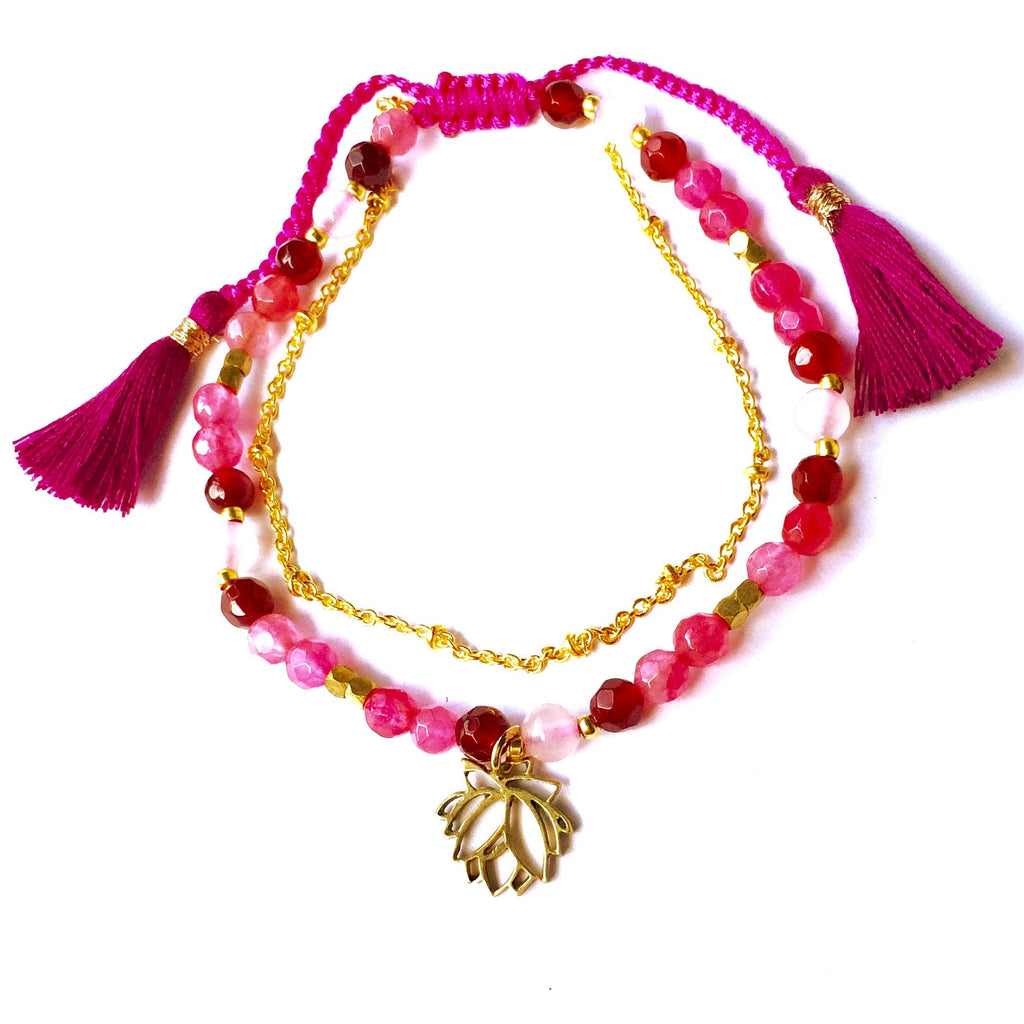 Lotus charm yoga bracelet, handmade from healing gemstones rhodochrosite, rose quartz