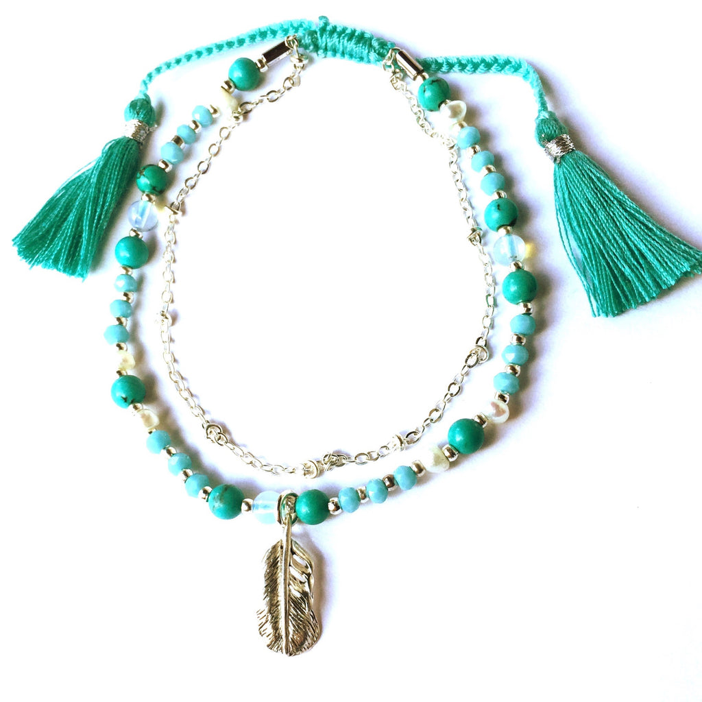 Yoga bracelet Turquoise, Pearl & Moonstone handcrafted sterling silver feather charm