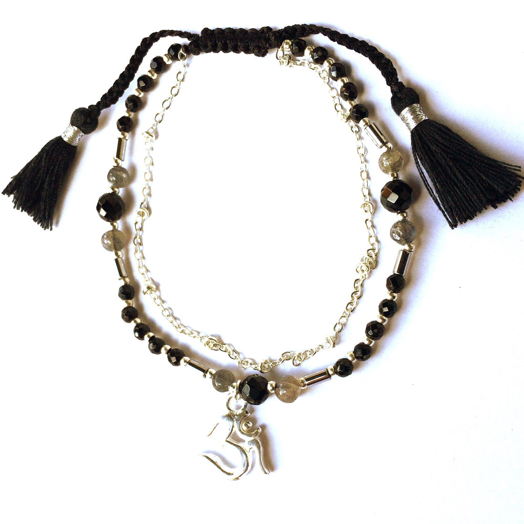 OM charm yoga bracelet, handmade from healing gemstones Smokey Quartz, Onyx, Obsidian