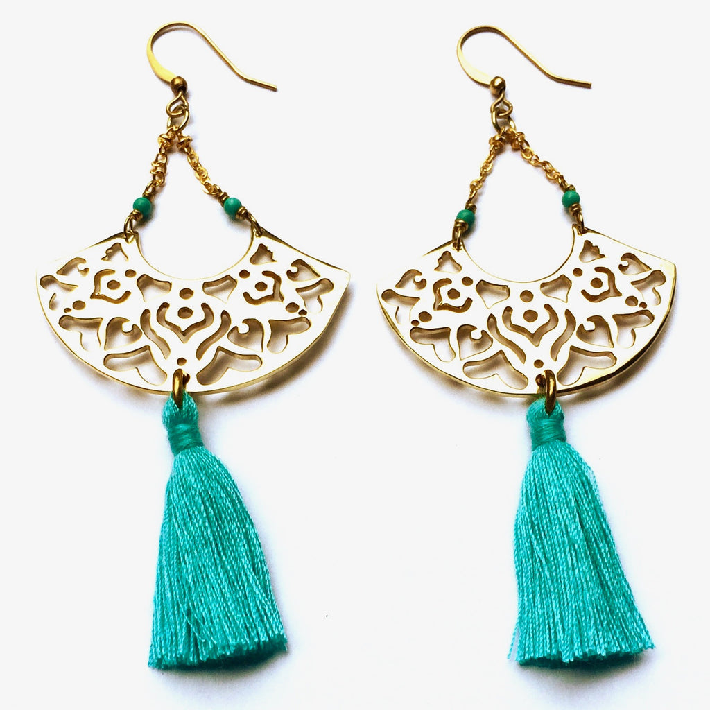 Brass Boho Tassel Earrings with Turquoise