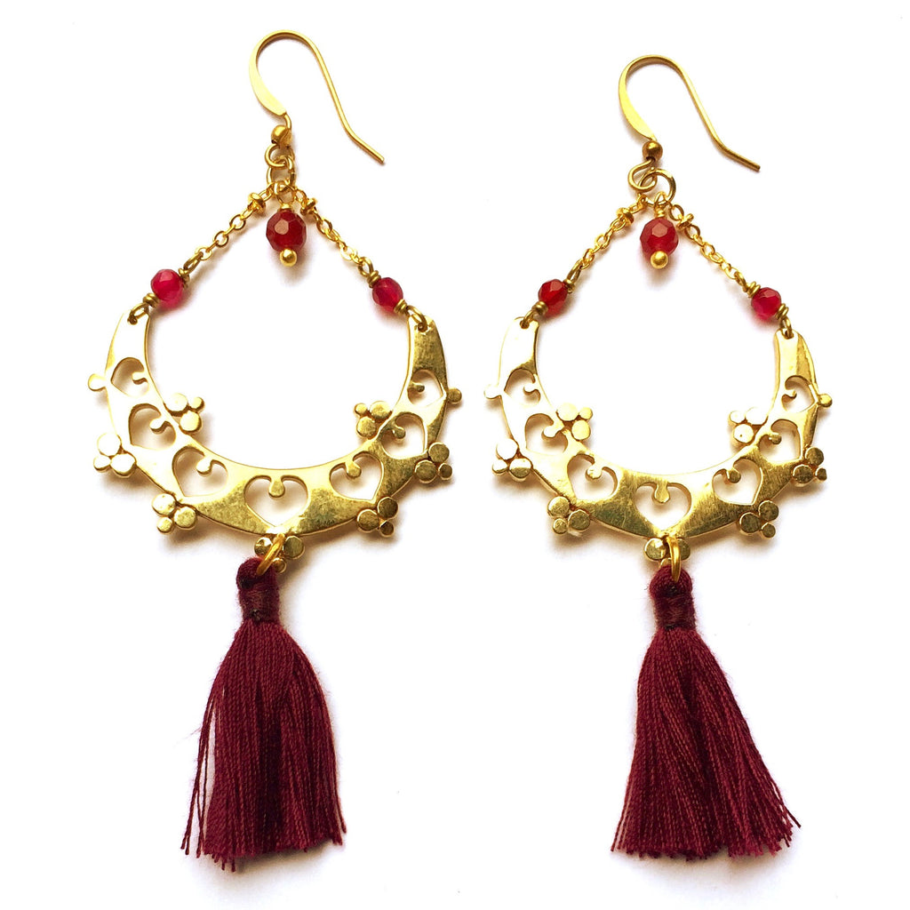 Brass Boho Tassel Earrings with Ruby Quartz