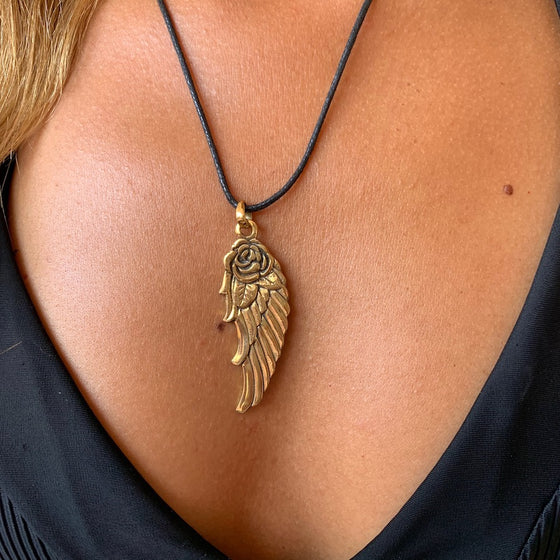 Angel Wing Rose Brass Pendant Necklace
