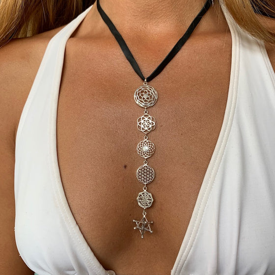 Sterling Silver Sacred Geometry Yoga Jewellery Necklace, rose of Venus, seed of life, sunflower, flower of life, Sri yantra, merkabar