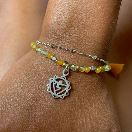 Solar Plexus Chakra Symbol Gemstone Yoga Bracelet Silver Chain