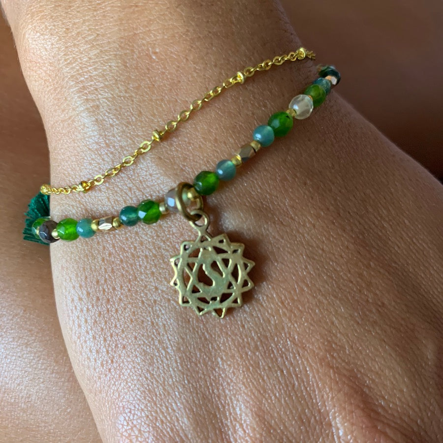 Heart Chakra Symbol Gemstone Yoga Bracelet Brass Chain