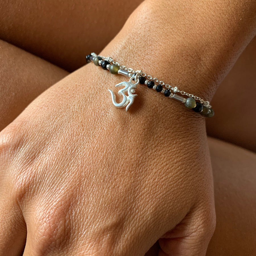 OM charm yoga bracelet, handmade from healing gemstones Smokey Quartz, Onyx, Obsidian