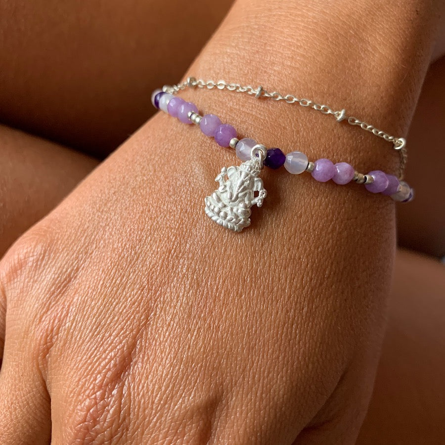Ganesha charm yoga bracelet handmade amethyst healing gemstones spiritual jewellery