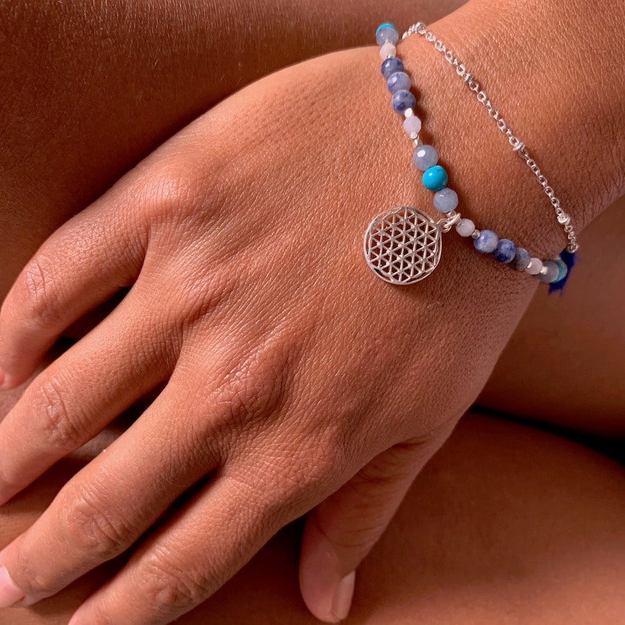 Flower Of Life charm bracelet handmade from healing gemstones, sterling silver Flower Of Life sacred geometry charm