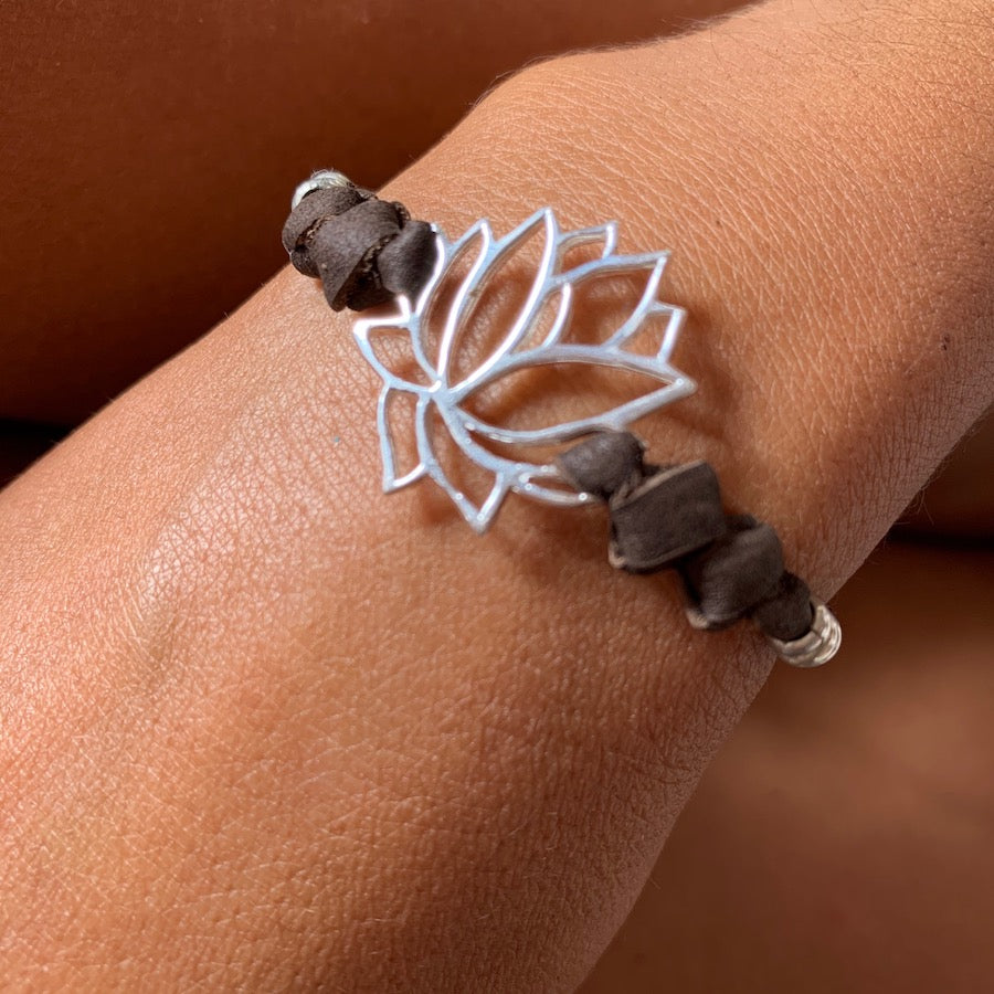 silver Lotus charm bracelet on suede leather