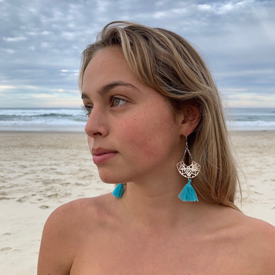 Silver Boho Tassel Earrings with Turquoise
