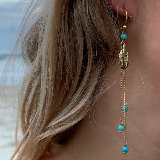 Feather Earrings brass chain & Turquoise