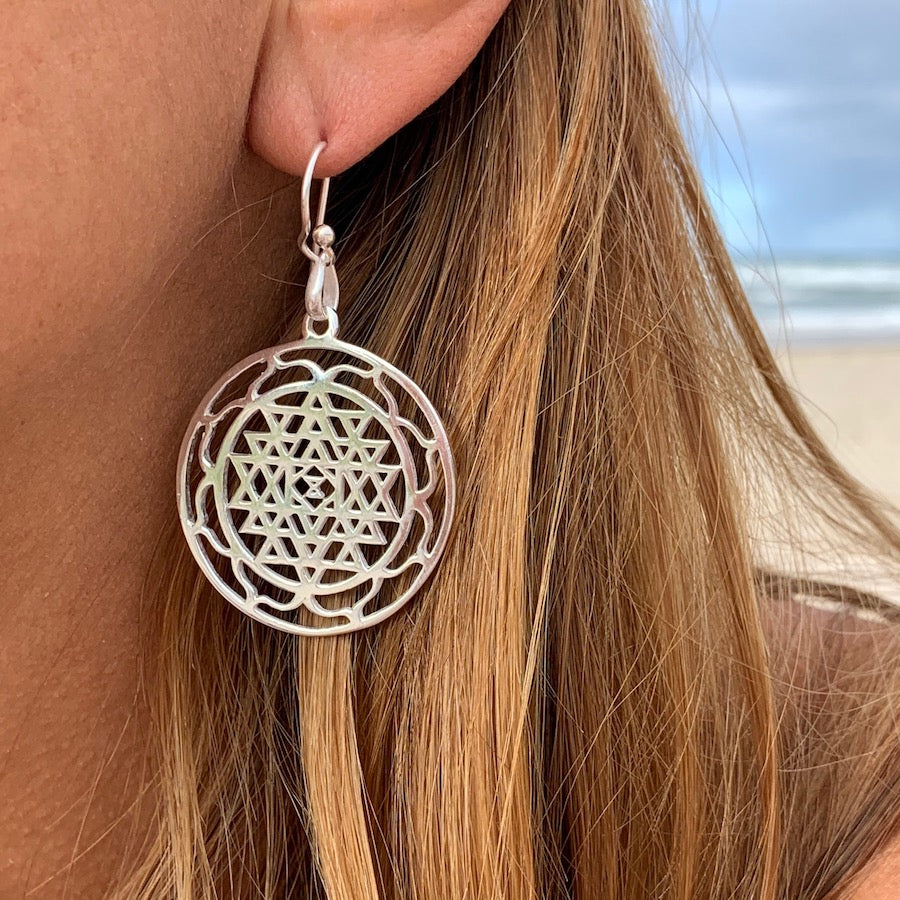 Sri Yantra Mandala Sacred Geometry Silver Earrings