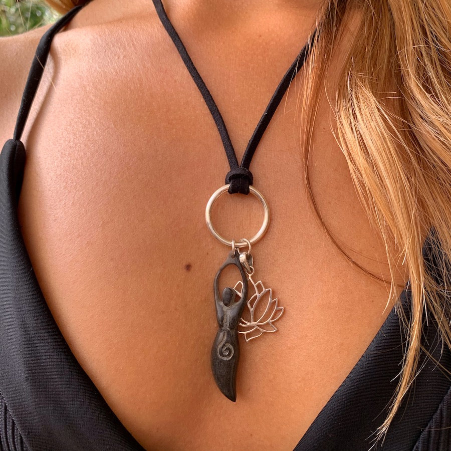 Silver Lotus & carved goddess pendant on leather Necklace
