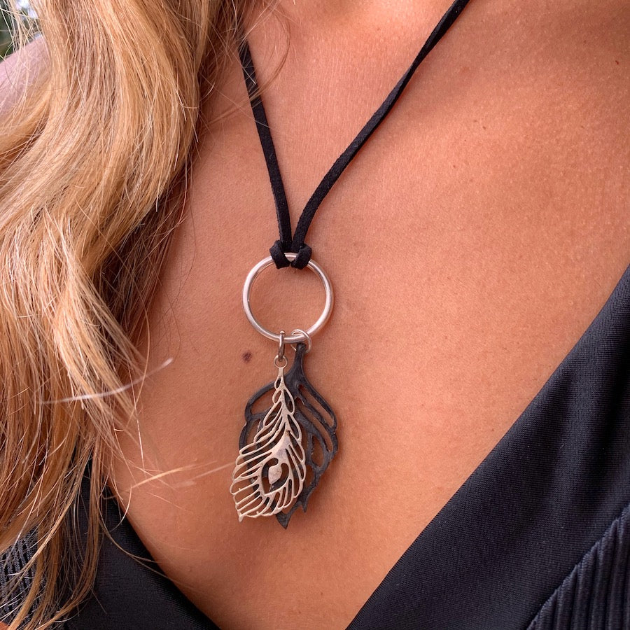 Silver Peacock Feather charm and carved Feather charm on leather Necklace