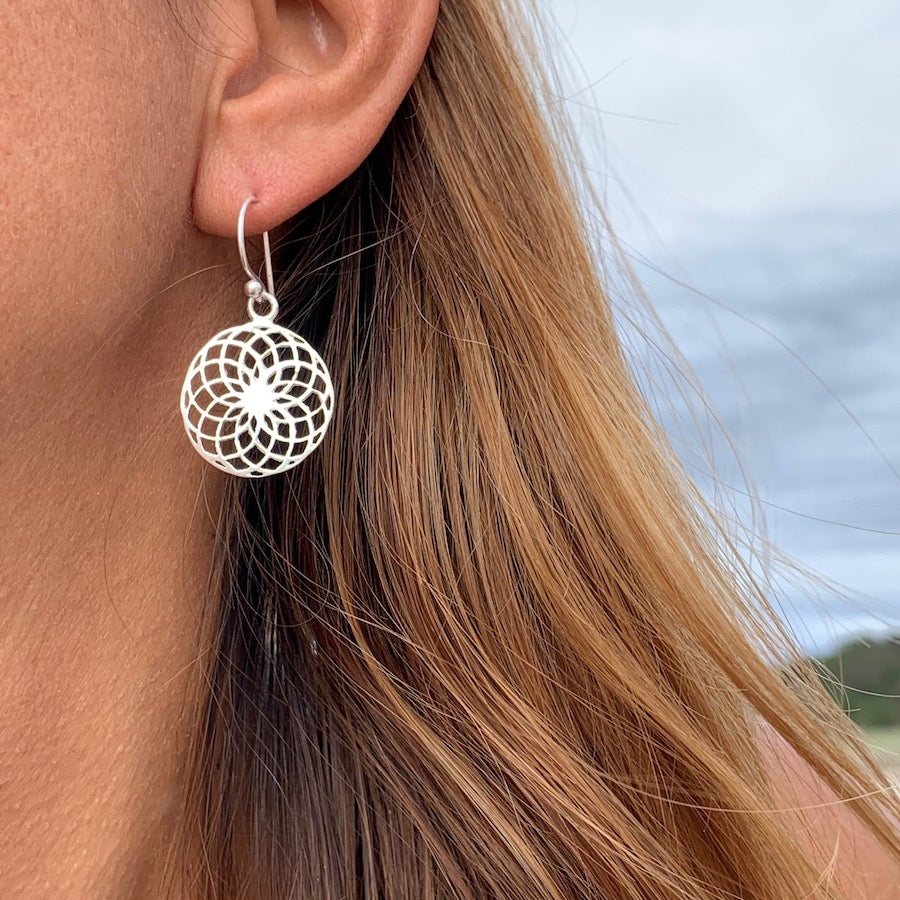 Sunflower Sacred Geometry Silver Earrings