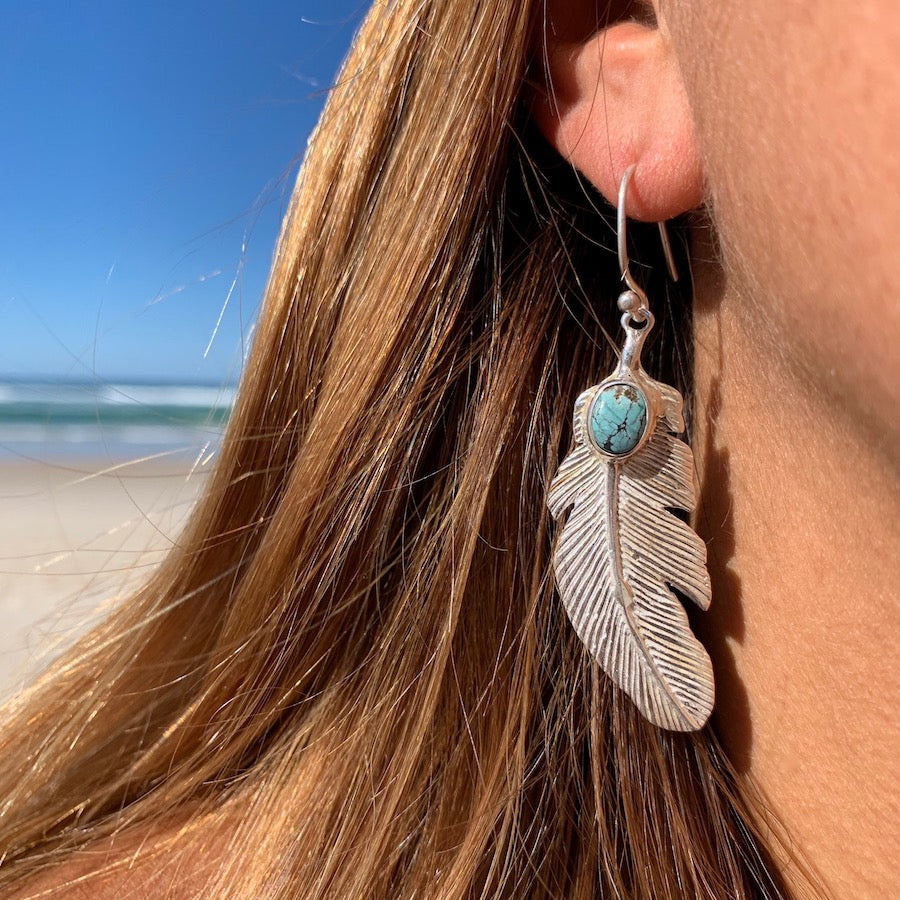 Eagle Feather Silver Earrings with Turquoise