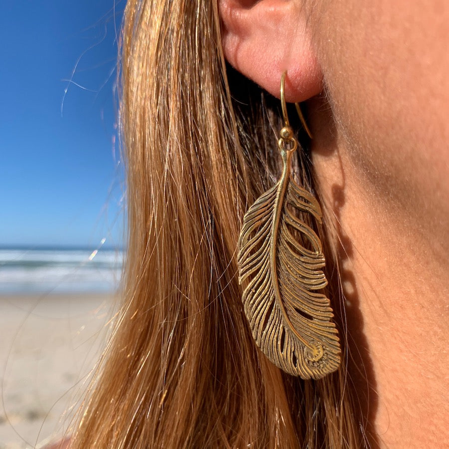 Peacock Feather Brass Earrings