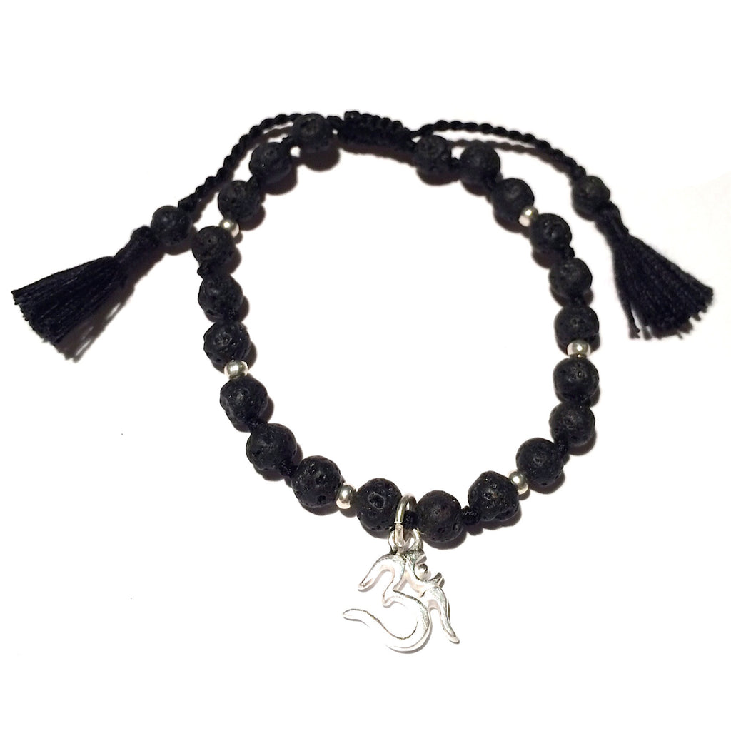 Lava Mala Beads Yoga Bracelet Silver OM charm