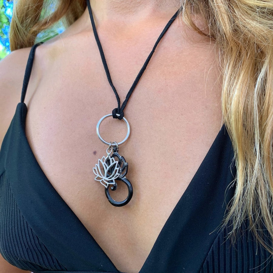 Silver Lotus pendant & carved Lotus on leather necklace