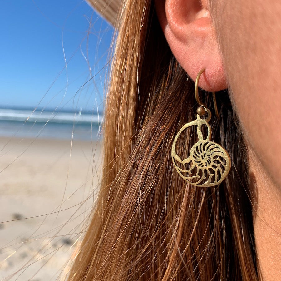 Nautilus Shell Sacred Geometry Brass Earrings - Heart Mala Yoga Jewellery