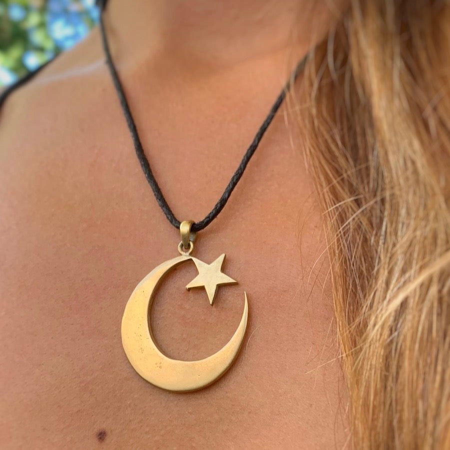 Moon and Star Muslim symbol brass Pendant Necklace