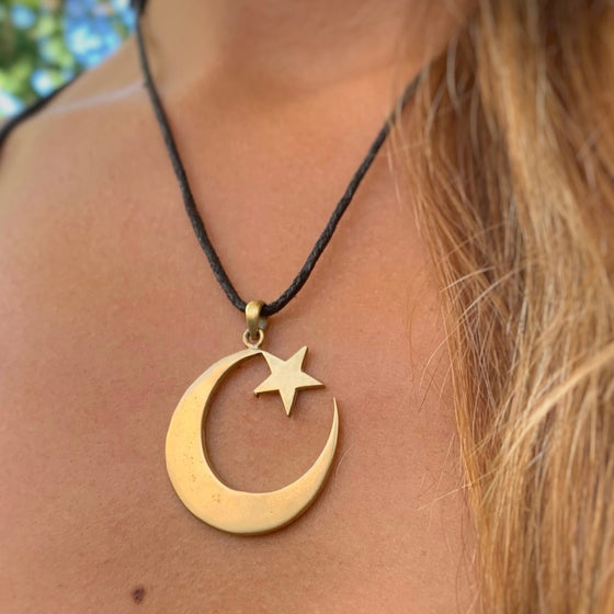 Moon and Star Muslim symbol brass Pendant Necklace