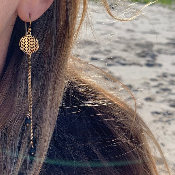 Flower Of Life Sacred Geometry Earrings brass chain & Lava Stone
