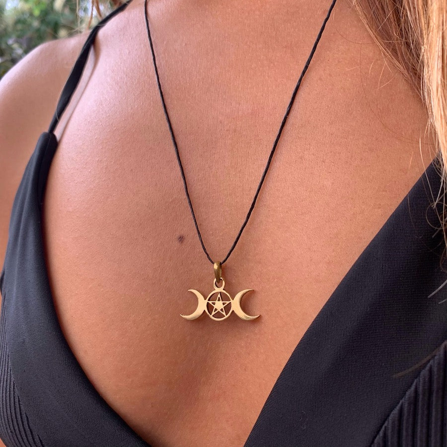 Celtic Pentagram Pagan Moon symbol brass pendant necklace