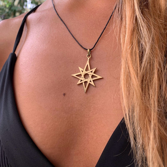 Eight Point Star of Ishtar Octagram brass pendant necklace