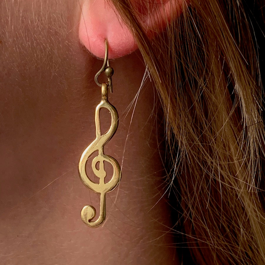 Treble Clef Music Symbol Brass Earrings