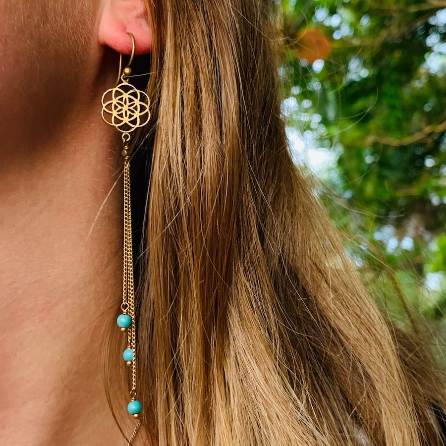 Seed Of Life Sacred Geometry Earrings brass chain & Turquoise