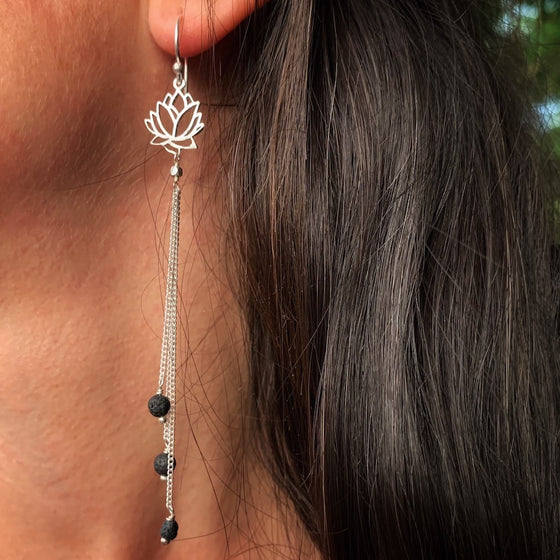 Lotus Earrings silver chain & Lava Stone