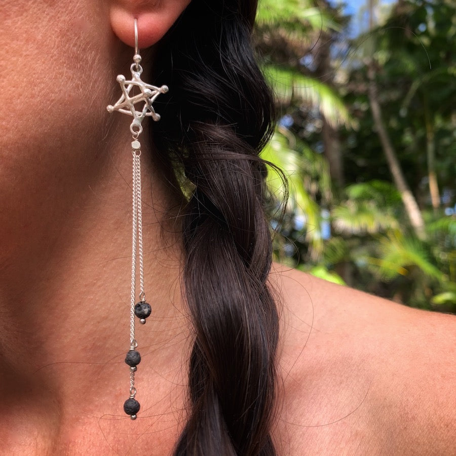 Merkaba sacred geometry Earrings silver chain & Lava Stone