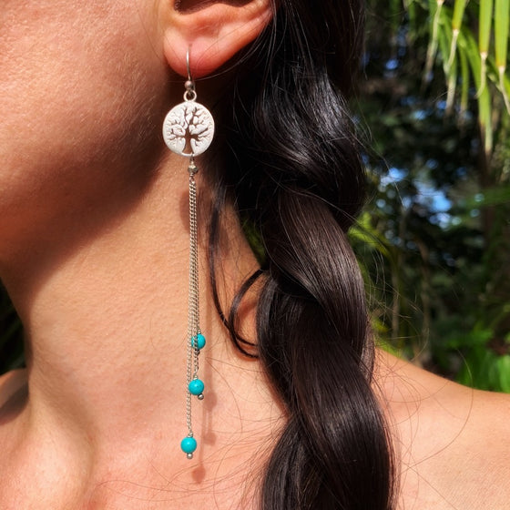 Tree of life Earrings silver chain & Turquoise