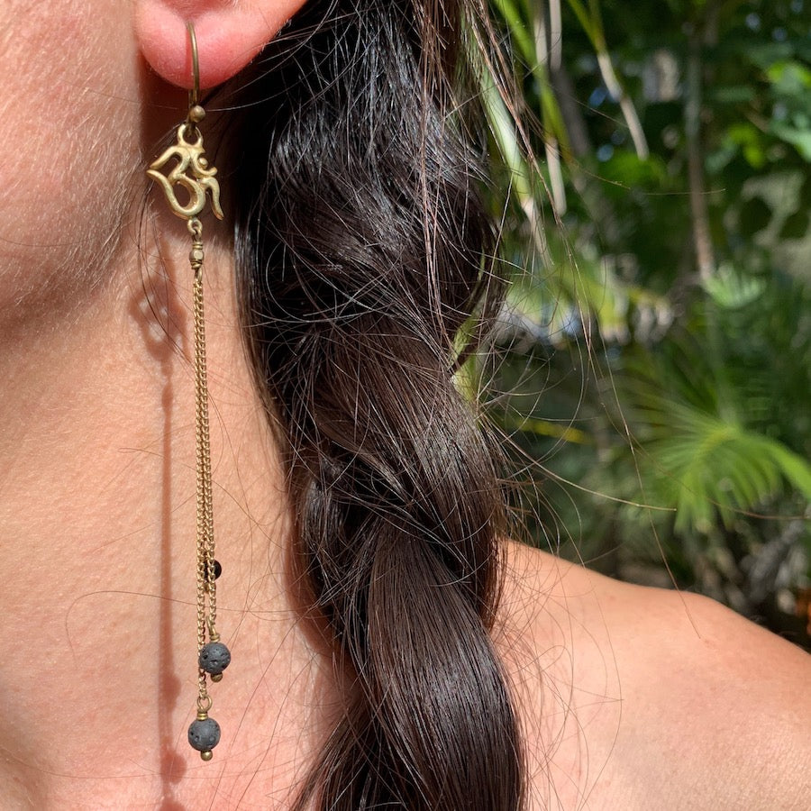 Om Yoga Earrings brass chain & Lava Stone