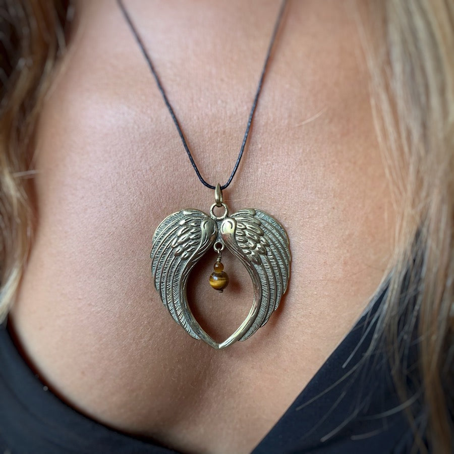 Angel Wings Brass Pendant Necklace with Tigers Eye