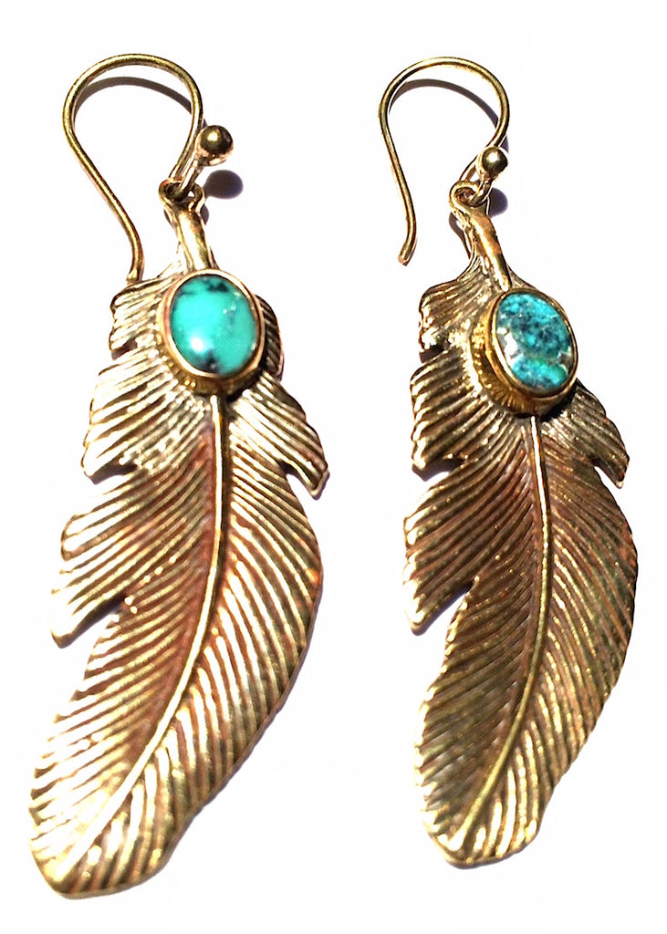 Eagle Feather brass Earrings with Turquoise
