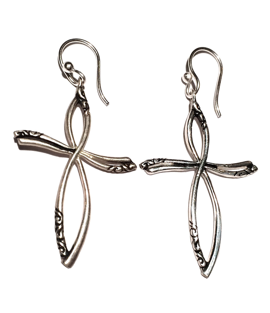 These elegant LOOPED CROSS Sterling Silver plated Earrings are4.3cm long with a touch of filigree and have Sterling Silver earring hooks.