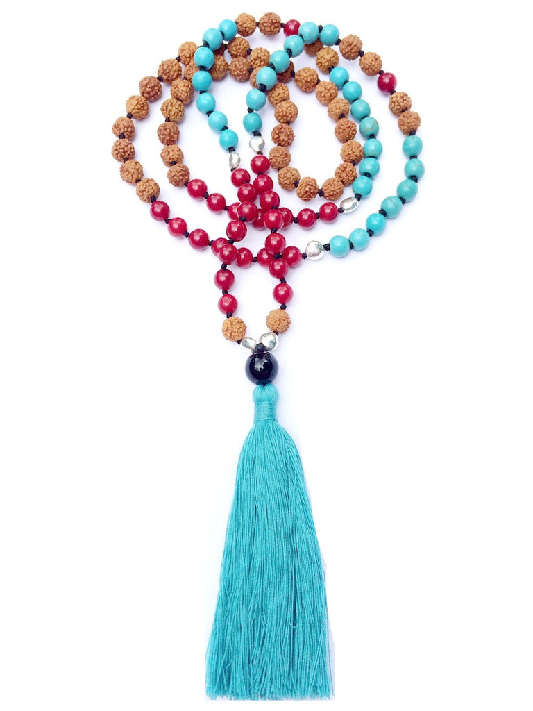 Mala prayer Beads yoga necklace handmade from turquoise, red coral, rudraksha